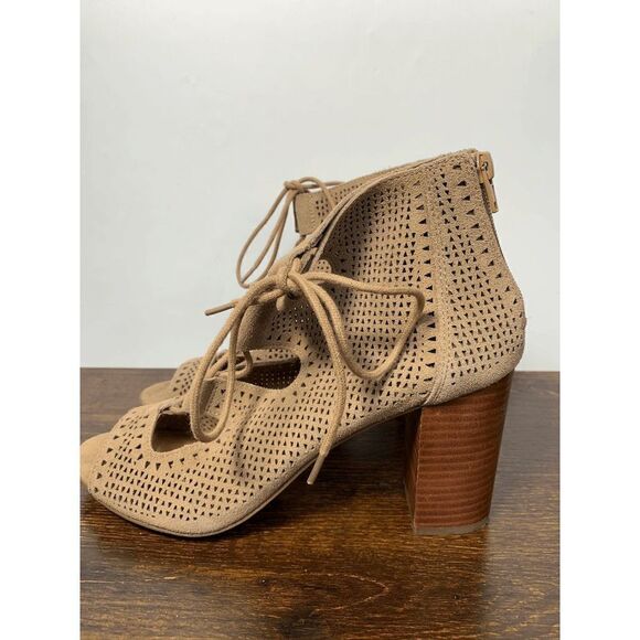 Crown Vintage Women Eralicia Peep Toe Heeled Bootie Lace Up Back Zip Taupe US 9 - Picture 2 of 7